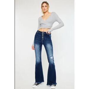 KanCan Sian High Rise Flare Jeans Dark Wash Size 11/29 Frayed Hem Bell Bottoms